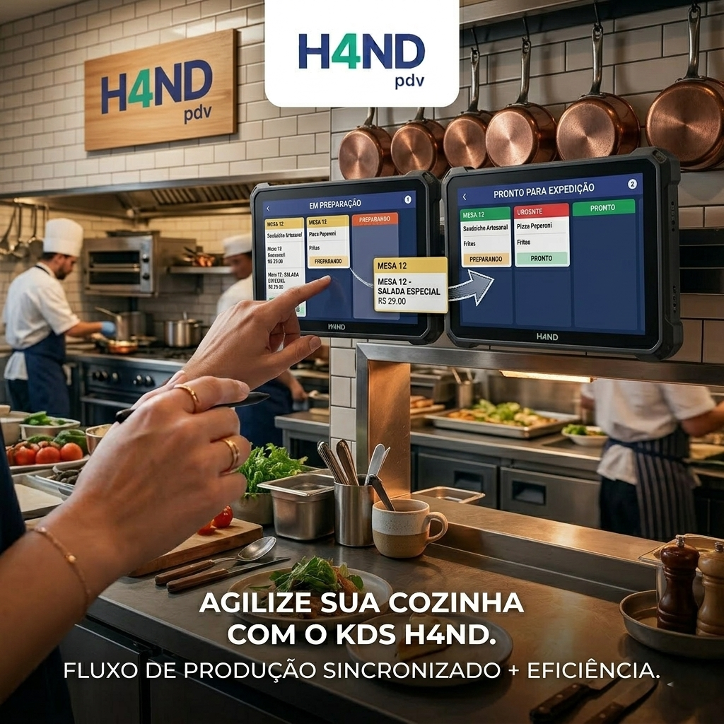 H4ND KDS — telas de cozinha com pedidos em preparação e expedição