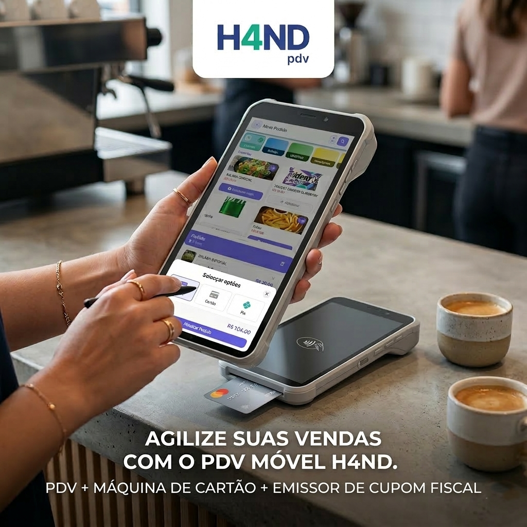 PDV Móvel H4ND — dispositivo com máquina de cartão e tela de vendas