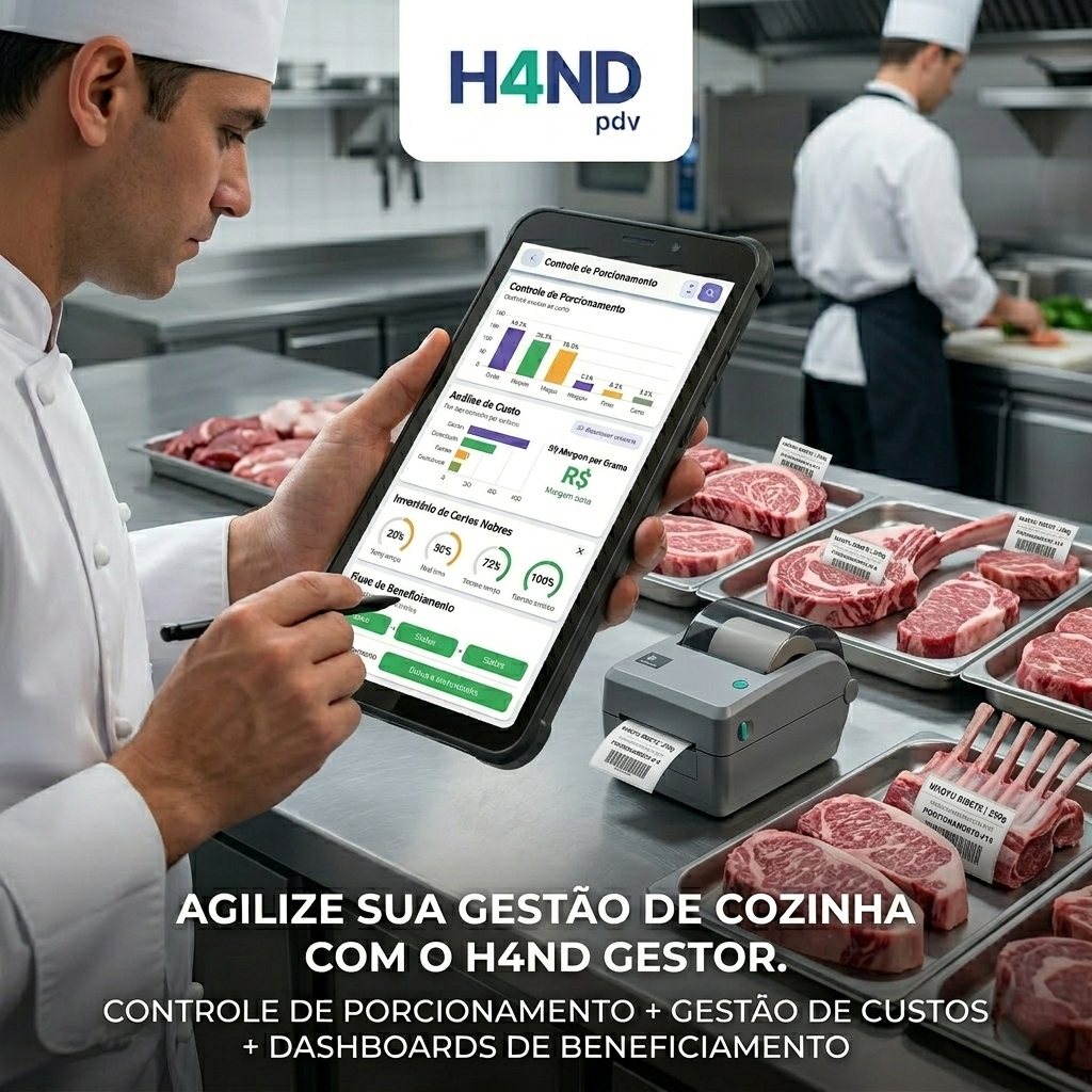 H4ND Retaguarda — tablet com dashboards de controle de porcionamento e custos